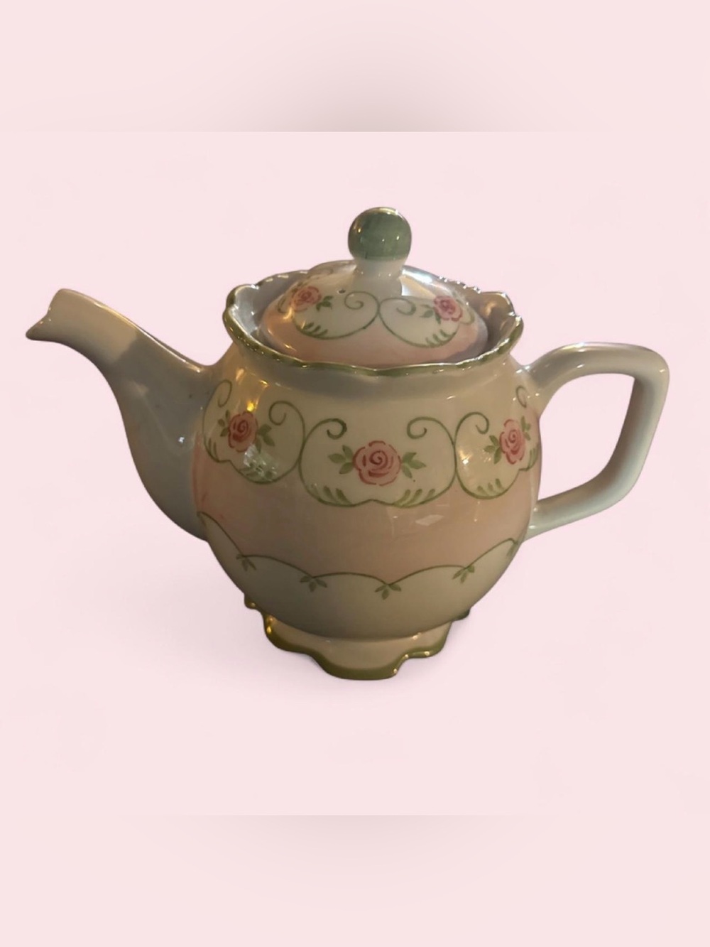“Eloise Pink”Andrea By Sadek Rose Scroll Porcelain Teapot in Pink green and Gold